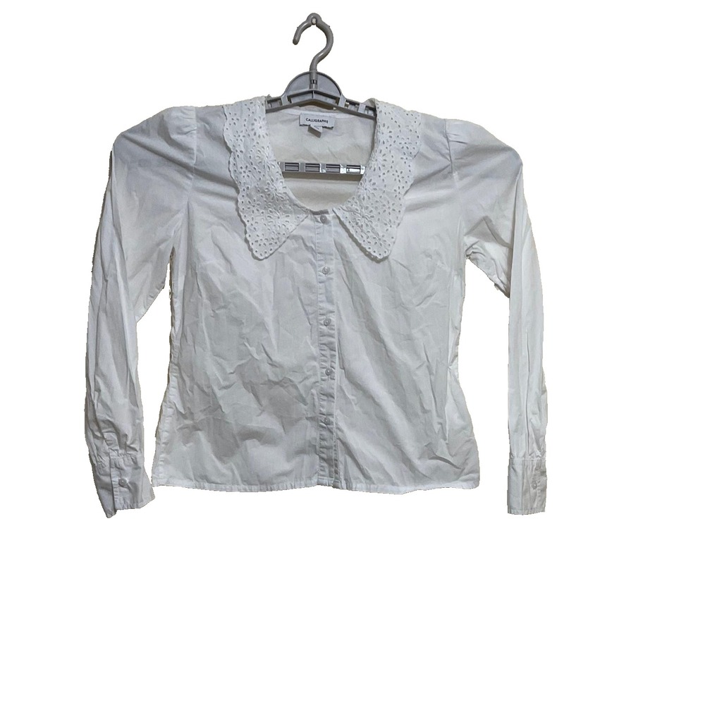 Calligraphie Lace Collar Long Sleeve‎ white 100% cotton women's blouse size M